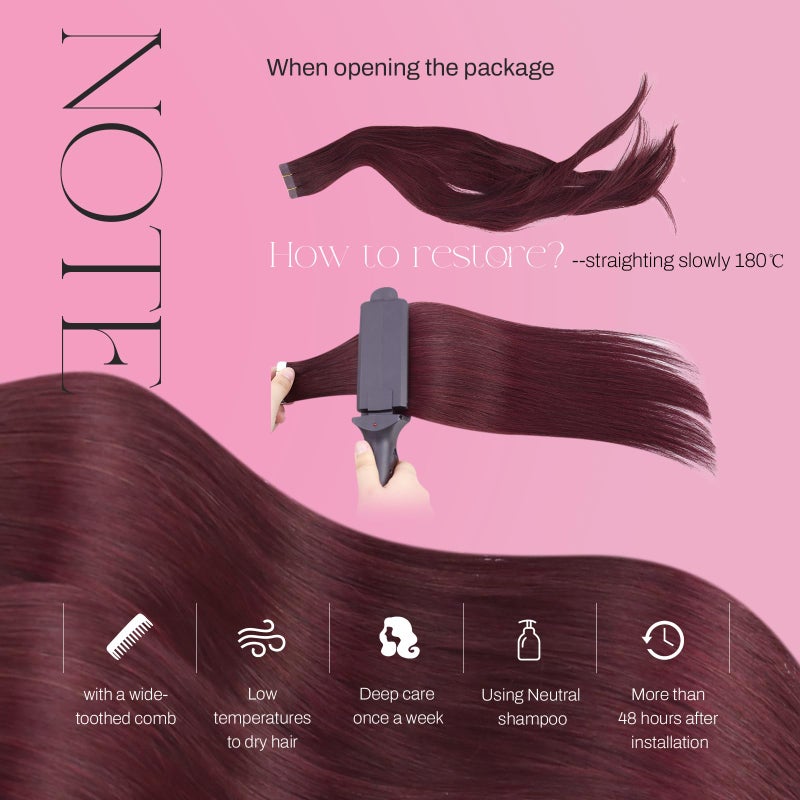 Moresoo Burgundy Tape in Extensions Real Human Hair Seamless Hair Extensions Wine Red Human Hair Extensions Tape in Extensions Silky Straight Human Hair 14 Inch #99J 20pcs 40g - Image 5